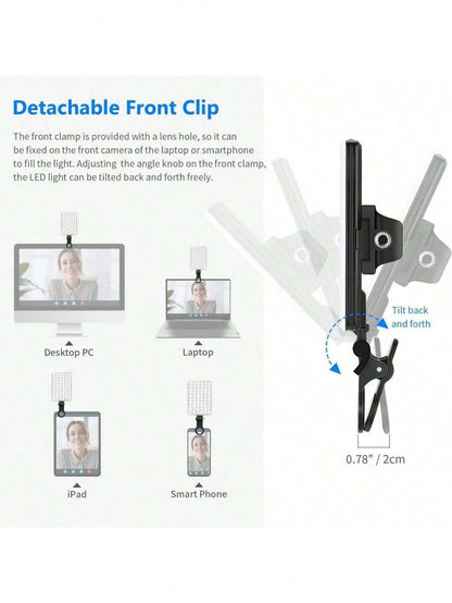60 LED High Power Rechargeable Clip Fill Video Conference Light With Front & Back Clip, Adjusted 3 Light Modes For Phone, Compatible With IPhone, Android, IPad, Laptop, For Makeup,Selfie, Vlog