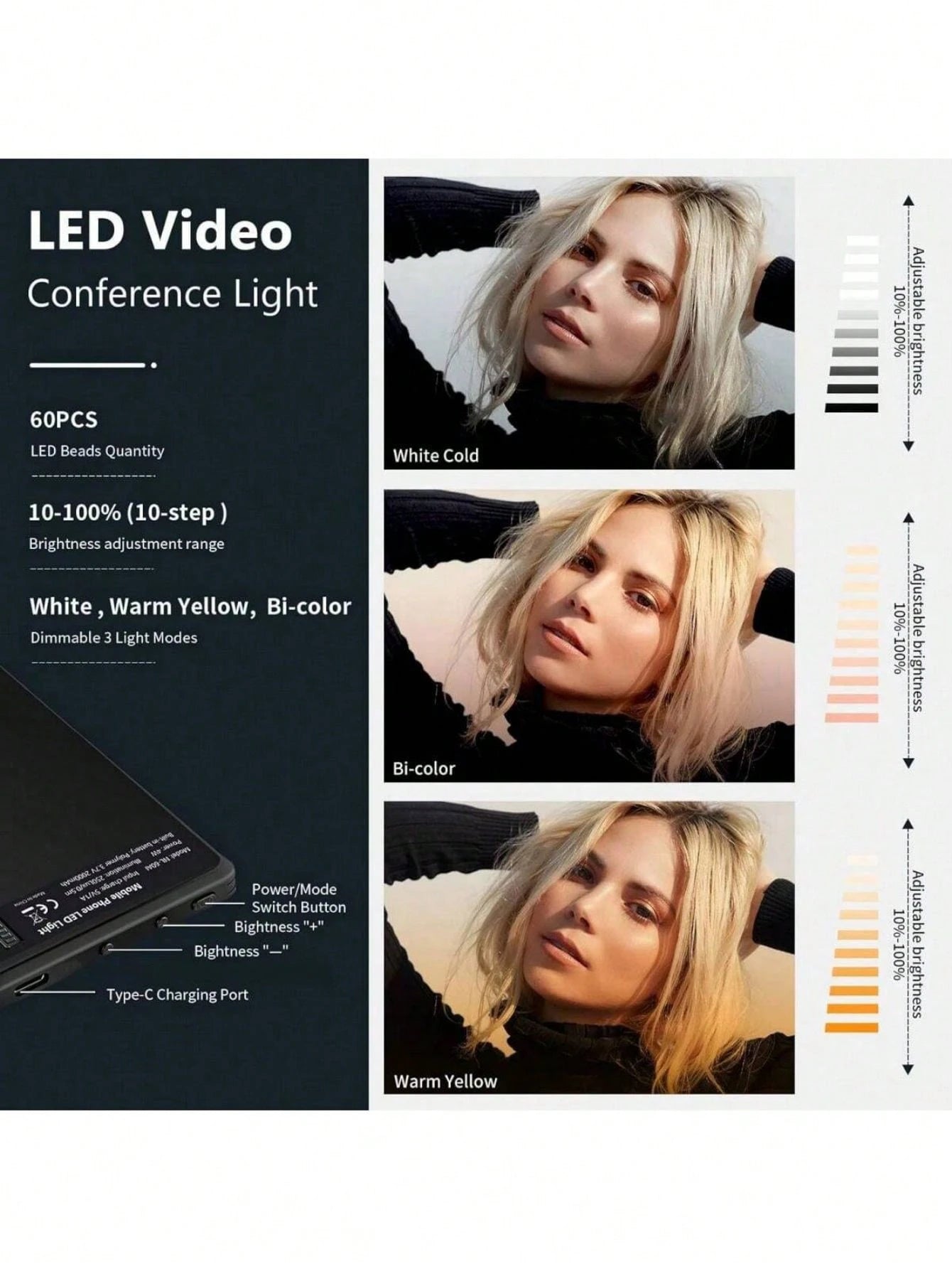 60 LED High Power Rechargeable Clip Fill Video Conference Light With Front & Back Clip, Adjusted 3 Light Modes For Phone, Compatible With IPhone, Android, IPad, Laptop, For Makeup,Selfie, Vlog