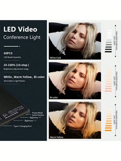 60 LED High Power Rechargeable Clip Fill Video Conference Light With Front & Back Clip, Adjusted 3 Light Modes For Phone, Compatible With IPhone, Android, IPad, Laptop, For Makeup,Selfie, Vlog
