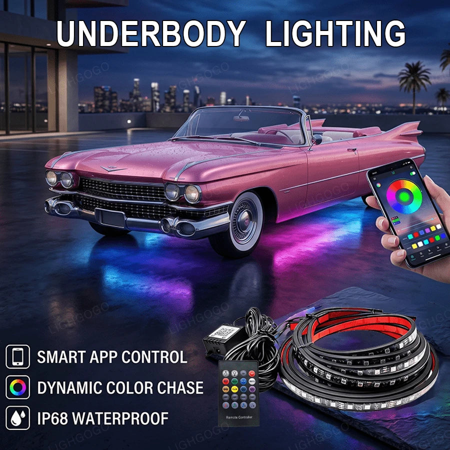 60cm*90cm Car Underbody Light LED Light, Dream Color Chasing Car Underbody Light Kit APP And Remote Control RGB Multicolor Music Synchronized Underbody Lighting Neon Strip Light For Car Truck SUV