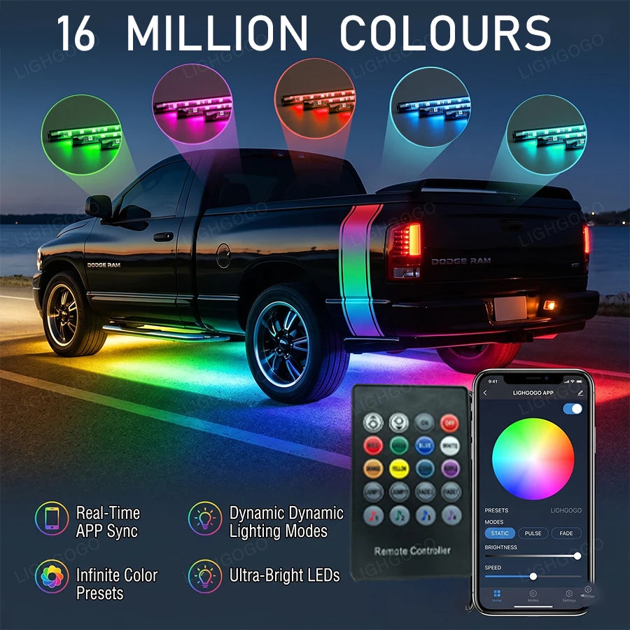 60cm*90cm Car Underbody Light LED Light, Dream Color Chasing Car Underbody Light Kit APP And Remote Control RGB Multicolor Music Synchronized Underbody Lighting Neon Strip Light For Car Truck SUV