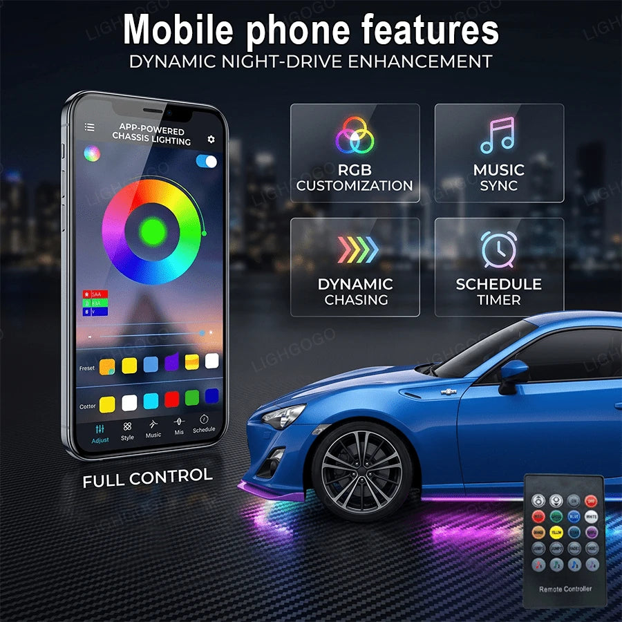 60cm*90cm Car Underbody Light LED Light, Dream Color Chasing Car Underbody Light Kit APP And Remote Control RGB Multicolor Music Synchronized Underbody Lighting Neon Strip Light For Car Truck SUV