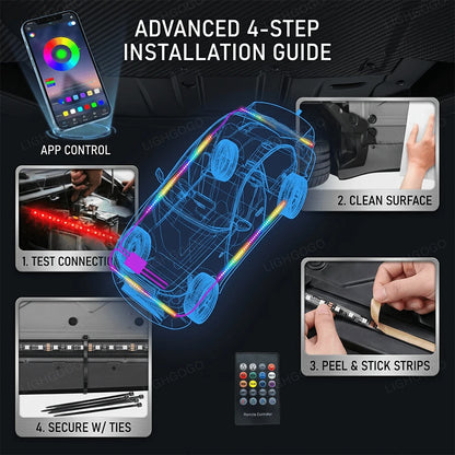 60cm*90cm Car Underbody Light LED Light, Dream Color Chasing Car Underbody Light Kit APP And Remote Control RGB Multicolor Music Synchronized Underbody Lighting Neon Strip Light For Car Truck SUV