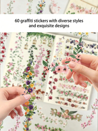 60pcs Floral Decorative Border Stickers, Waterproof Transparent Stickers For Water Bottle, Laptop, Phone, Desktop, Wall, Luggage, Refrigerator, Room Decor, Scrapbook, Phone Case, Home Decor, Birthday