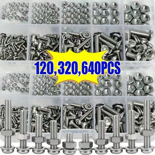 640PCS/320PCS/120PCS Hex Nut & Bolt Assortment Set- M2 M2.5 M3 M4 M5 Metric Screw And Nut Kit