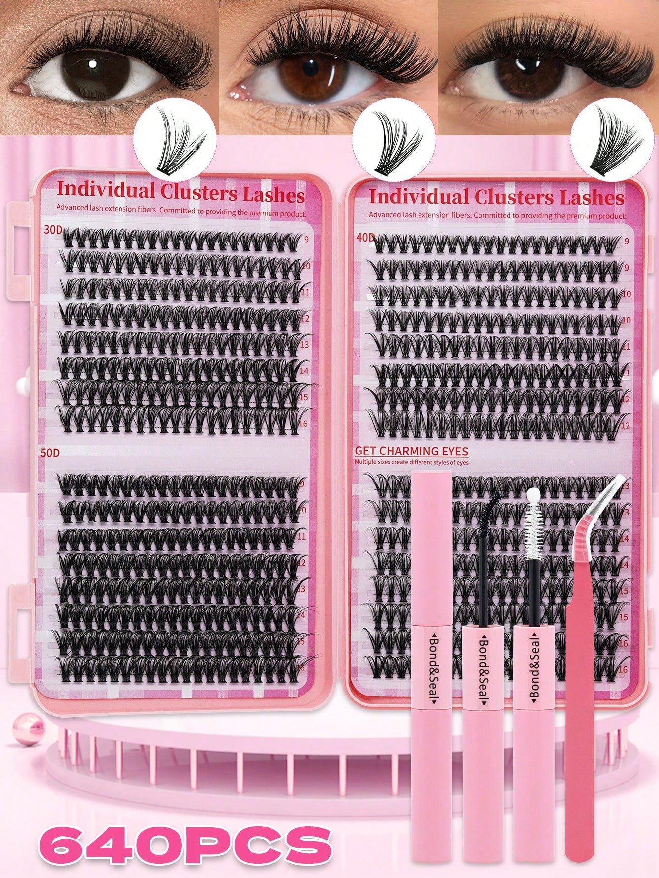 640PCS D Curl 30D40D50D Mix 9-16mm Cluster Lashes Book Kit, Soft And Comfortable False Eyelashes Long-Lasting Lashes Kit With Lash Bond&Seal And Lash Tweezers, Perfect For DIY At Home, Beginner Friend