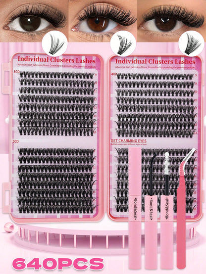 640PCS D Curl 30D40D50D Mix 9-16mm Cluster Lashes Book Kit, Soft And Comfortable False Eyelashes Long-Lasting Lashes Kit With Lash Bond&Seal And Lash Tweezers, Perfect For DIY At Home, Beginner Friend
