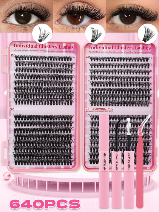 640PCS D Curl 30D40D50D Mix 9-16mm Cluster Lashes Book Kit, Soft And Comfortable False Eyelashes Long-Lasting Lashes Kit With Lash Bond&Seal And Lash Tweezers, Perfect For DIY At Home, Beginner Friend