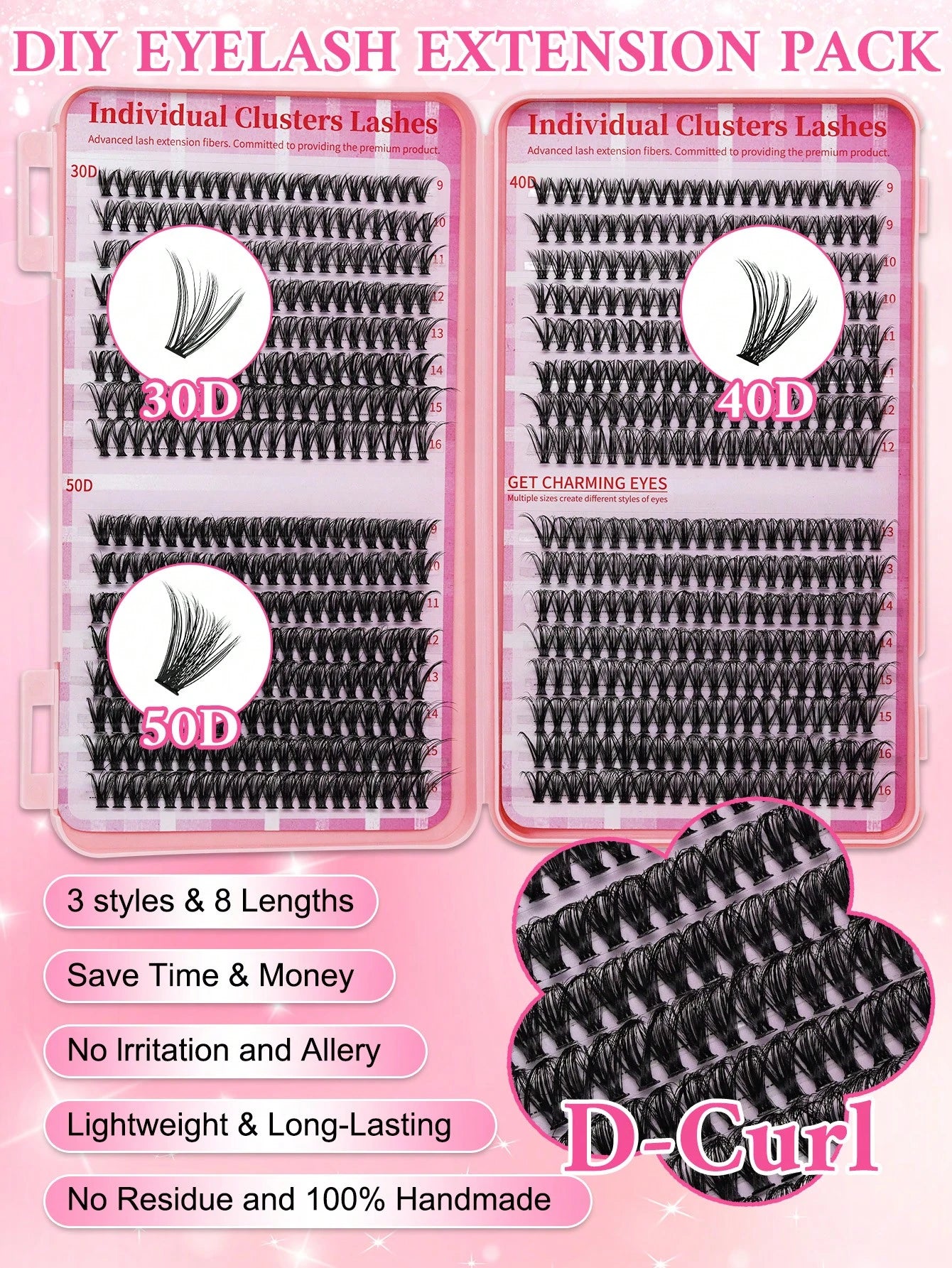 640PCS D Curl 30D40D50D Mix 9-16mm Cluster Lashes Book Kit, Soft And Comfortable False Eyelashes Long-Lasting Lashes Kit With Lash Bond&Seal And Lash Tweezers, Perfect For DIY At Home, Beginner Friend