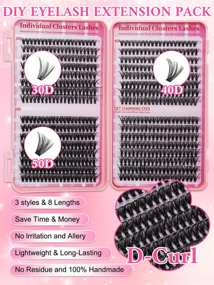640PCS D Curl 30D40D50D Mix 9-16mm Cluster Lashes Book Kit, Soft And Comfortable False Eyelashes Long-Lasting Lashes Kit With Lash Bond&Seal And Lash Tweezers, Perfect For DIY At Home, Beginner Friend