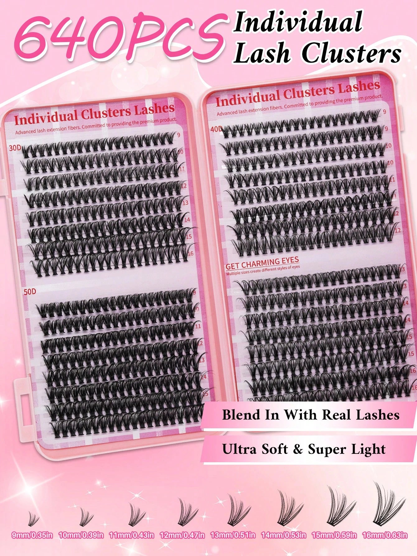 640PCS D Curl 30D40D50D Mix 9-16mm Cluster Lashes Book Kit, Soft And Comfortable False Eyelashes Long-Lasting Lashes Kit With Lash Bond&Seal And Lash Tweezers, Perfect For DIY At Home, Beginner Friend
