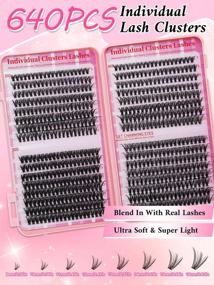 640PCS D Curl 30D40D50D Mix 9-16mm Cluster Lashes Book Kit, Soft And Comfortable False Eyelashes Long-Lasting Lashes Kit With Lash Bond&Seal And Lash Tweezers, Perfect For DIY At Home, Beginner Friend