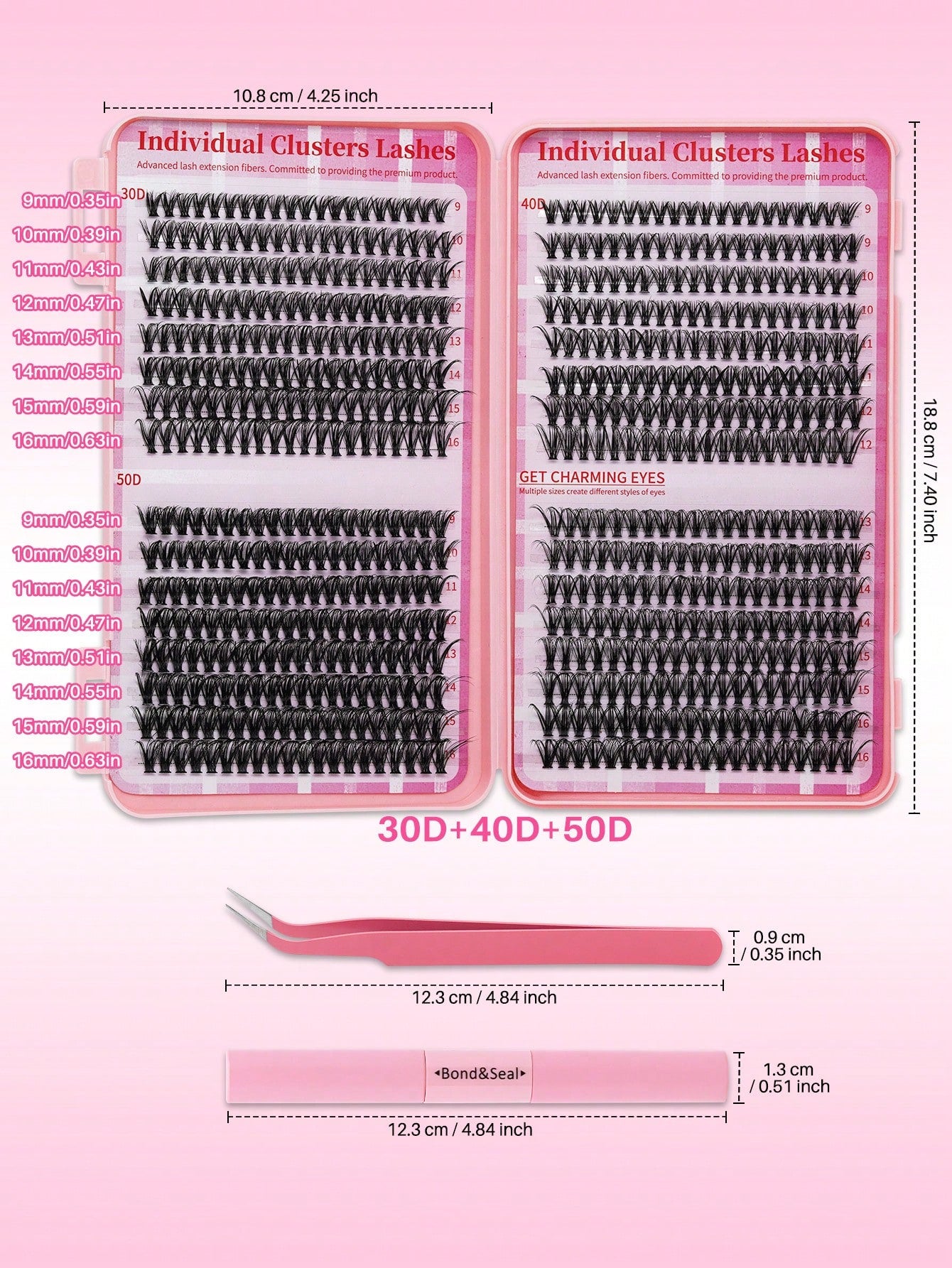 640PCS D Curl 30D40D50D Mix 9-16mm Cluster Lashes Book Kit, Soft And Comfortable False Eyelashes Long-Lasting Lashes Kit With Lash Bond&Seal And Lash Tweezers, Perfect For DIY At Home, Beginner Friend