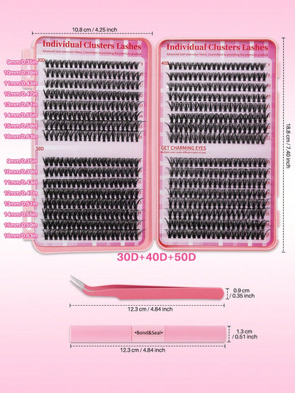 640PCS D Curl 30D40D50D Mix 9-16mm Cluster Lashes Book Kit, Soft And Comfortable False Eyelashes Long-Lasting Lashes Kit With Lash Bond&Seal And Lash Tweezers, Perfect For DIY At Home, Beginner Friend