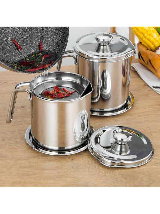 68oz Large Oil Filter With Strainer Mesh Stainless Steel Oil Pot 2L Bacon Grease Container With Handle Colander Can For Storing Hot Frying Cooking Kitchen Restaurant Storage