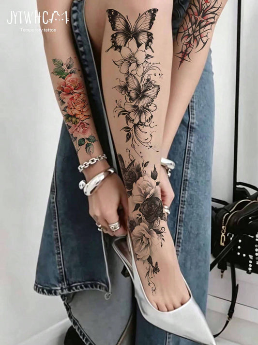 6pcs/1pc Large Butterfly Temporary Tattoo Stickers, Colorful And Black Rose, Dragon Gothic Style Realistic Tattoos, Sexy Waterproof Long-Lasting Body Decoration Stickers, Suitable For Women's Legs, Ar