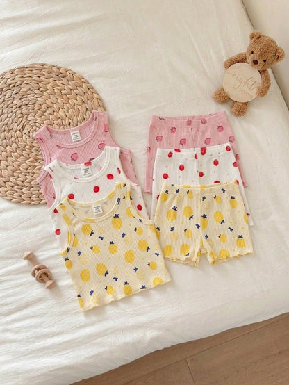 6pcs Baby Girl Casual Knitted Plain Tank Top & Shorts Set With Elastic Waistband Snug Fit Random 12 Piece, Send 6 Piece