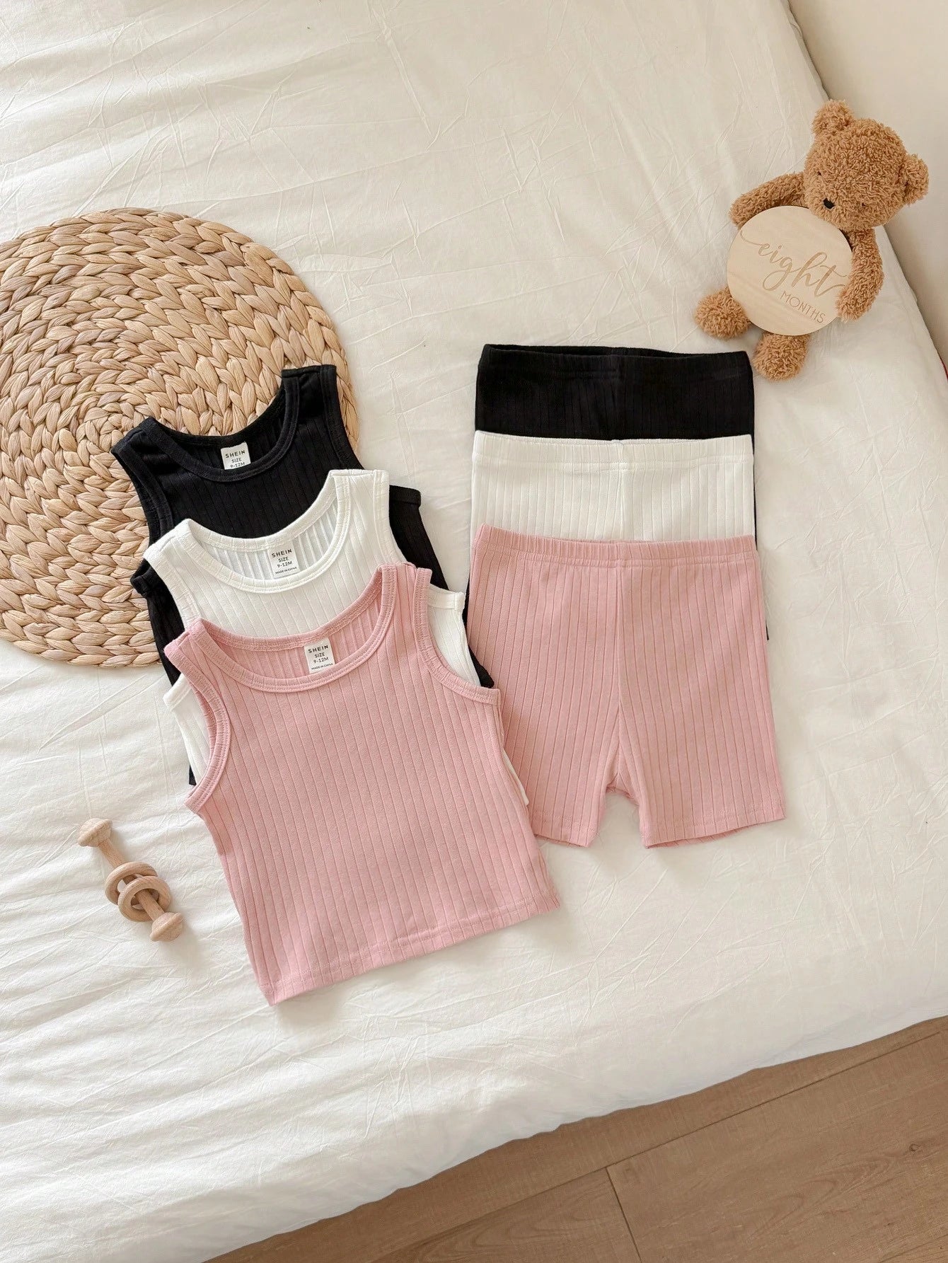 6pcs Baby Girl Casual Knitted Plain Tank Top & Shorts Set With Elastic Waistband Snug Fit Random 12 Piece, Send 6 Piece