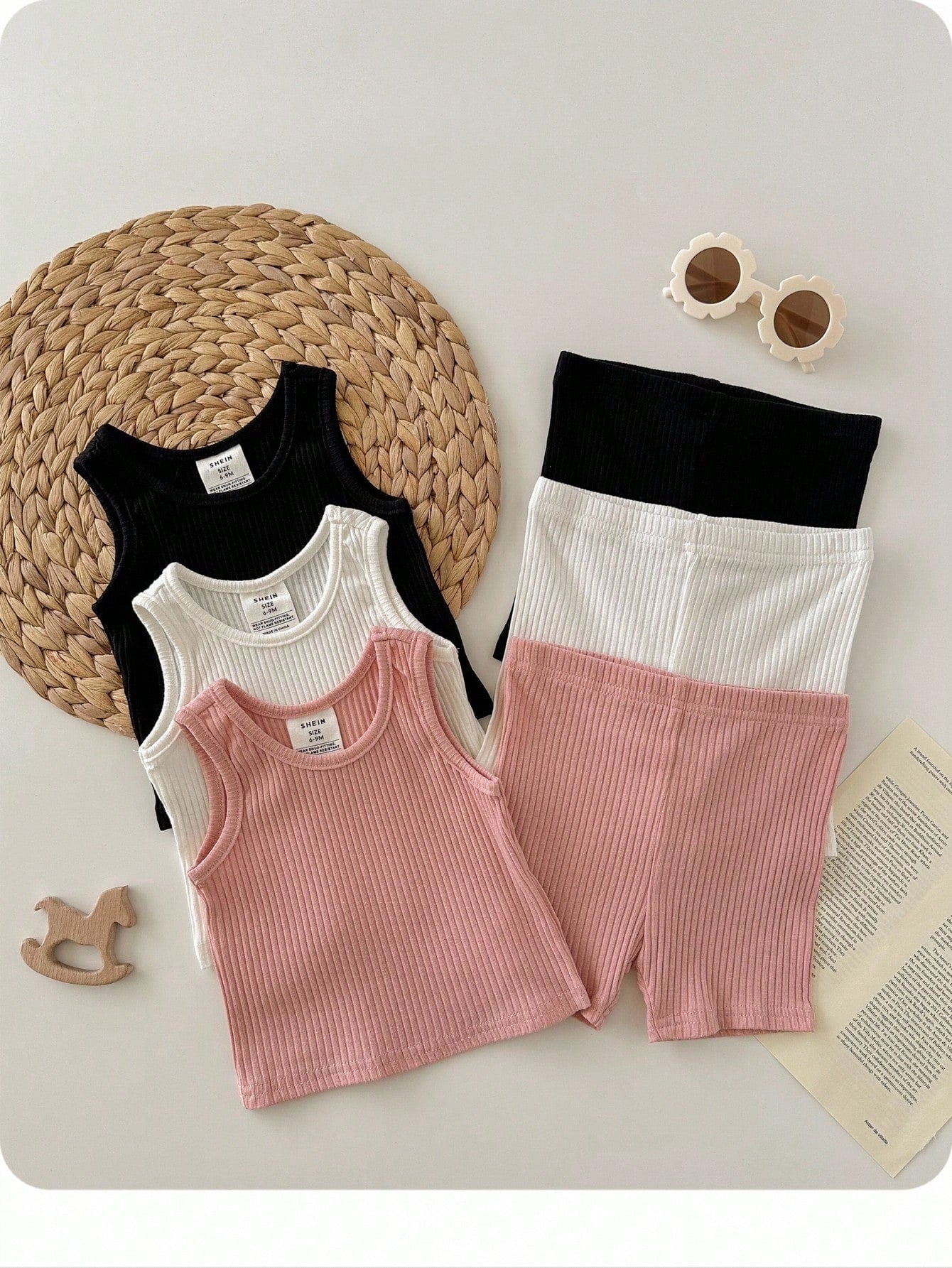 6pcs Baby Girl Casual Knitted Plain Tank Top & Shorts Set With Elastic Waistband Snug Fit Random 12 Piece, Send 6 Piece
