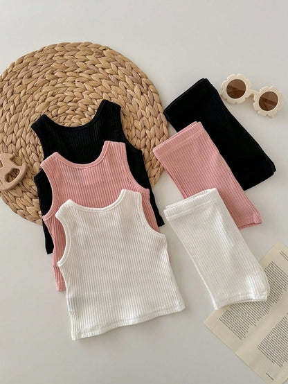 6pcs Baby Girl Casual Knitted Plain Tank Top & Shorts Set With Elastic Waistband Snug Fit Random 12 Piece, Send 6 Piece