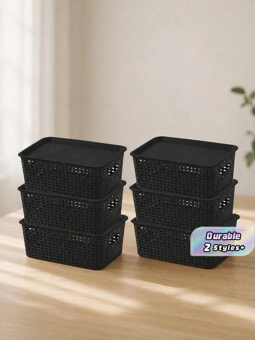 6pcs Black Stackable Plastic Storage Baskets Multipurpose Organizer Bins For Shelves Drawers Desktop Closet Playroom Classroom Office Home Storage