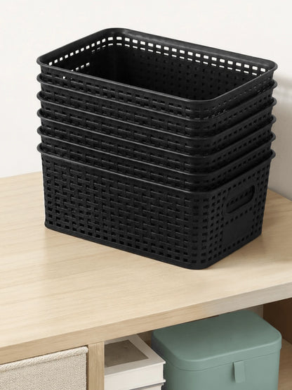 6pcs Black Stackable Plastic Storage Baskets Multipurpose Organizer Bins For Shelves Drawers Desktop Closet Playroom Classroom Office Home Storage