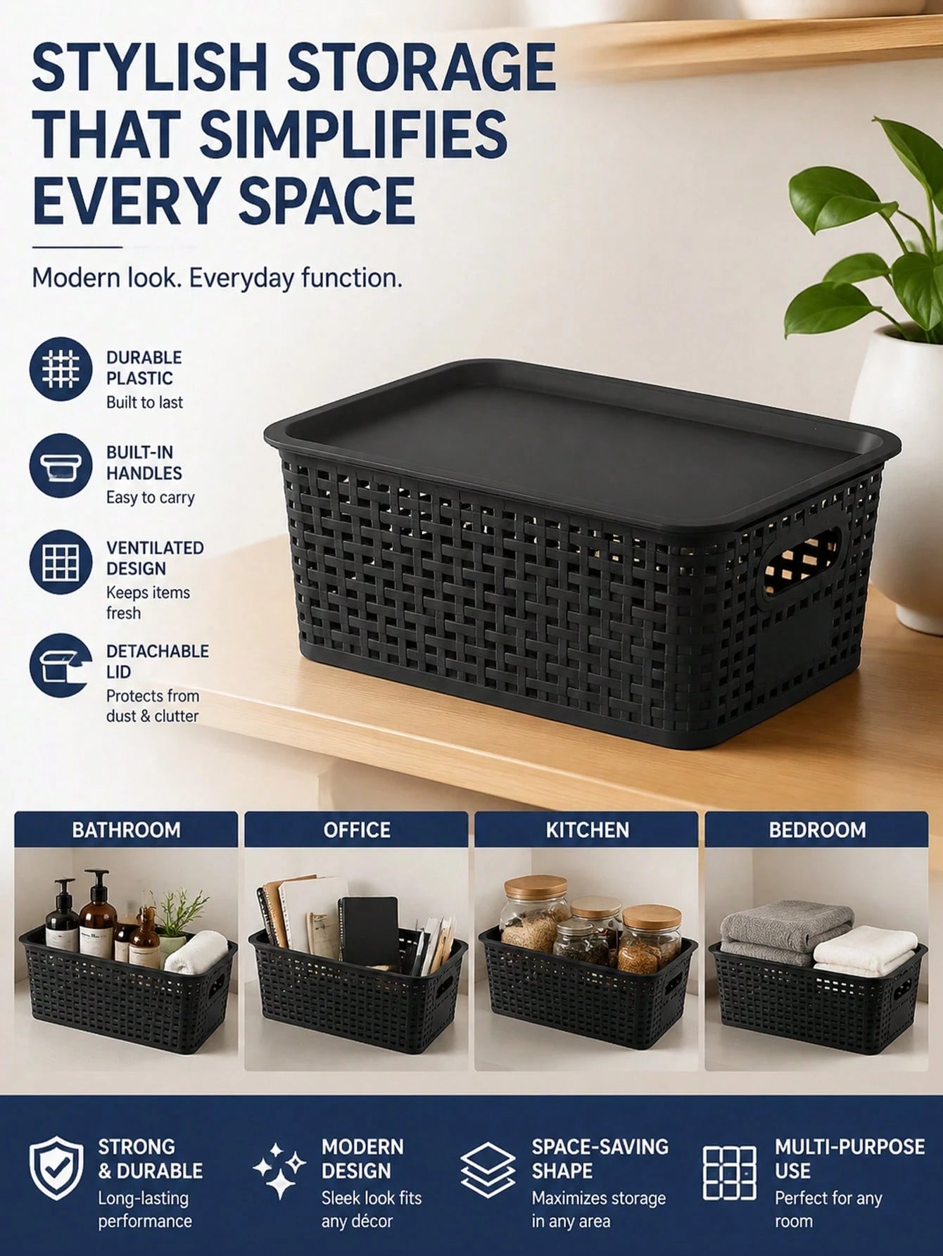 6pcs Black Stackable Plastic Storage Baskets Multipurpose Organizer Bins For Shelves Drawers Desktop Closet Playroom Classroom Office Home Storage