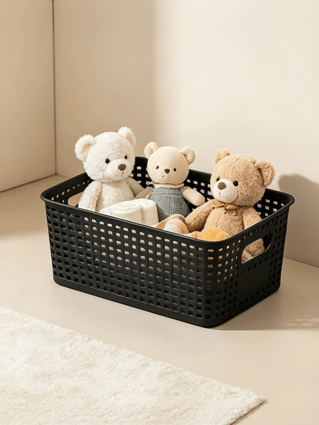 6pcs Black Stackable Plastic Storage Baskets Multipurpose Organizer Bins For Shelves Drawers Desktop Closet Playroom Classroom Office Home Storage