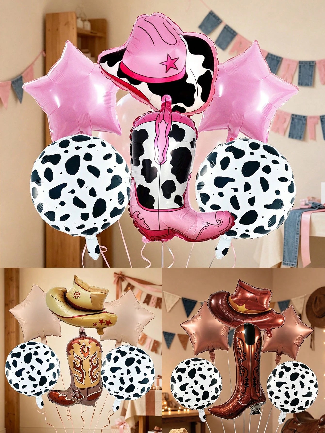 6pcs Cowboy Theme Balloon Set, Pink Brown Coffee Cowboy Boots Hat Foil Balloons, 18 Inch Cow Print Round Balloons, Star Balloons, Suitable For Birthday Party, Western Cowboy Theme, Horse Racing Festiv