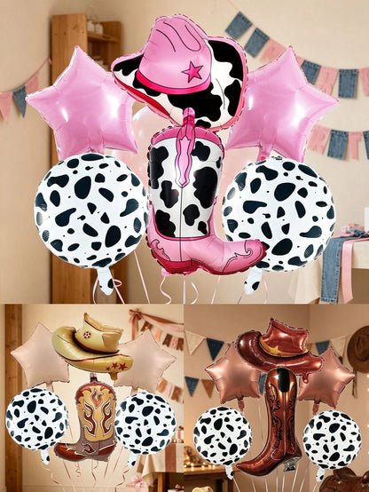 6pcs Cowboy Theme Balloon Set, Pink Brown Coffee Cowboy Boots Hat Foil Balloons, 18 Inch Cow Print Round Balloons, Star Balloons, Suitable For Birthday Party, Western Cowboy Theme, Horse Racing Festiv