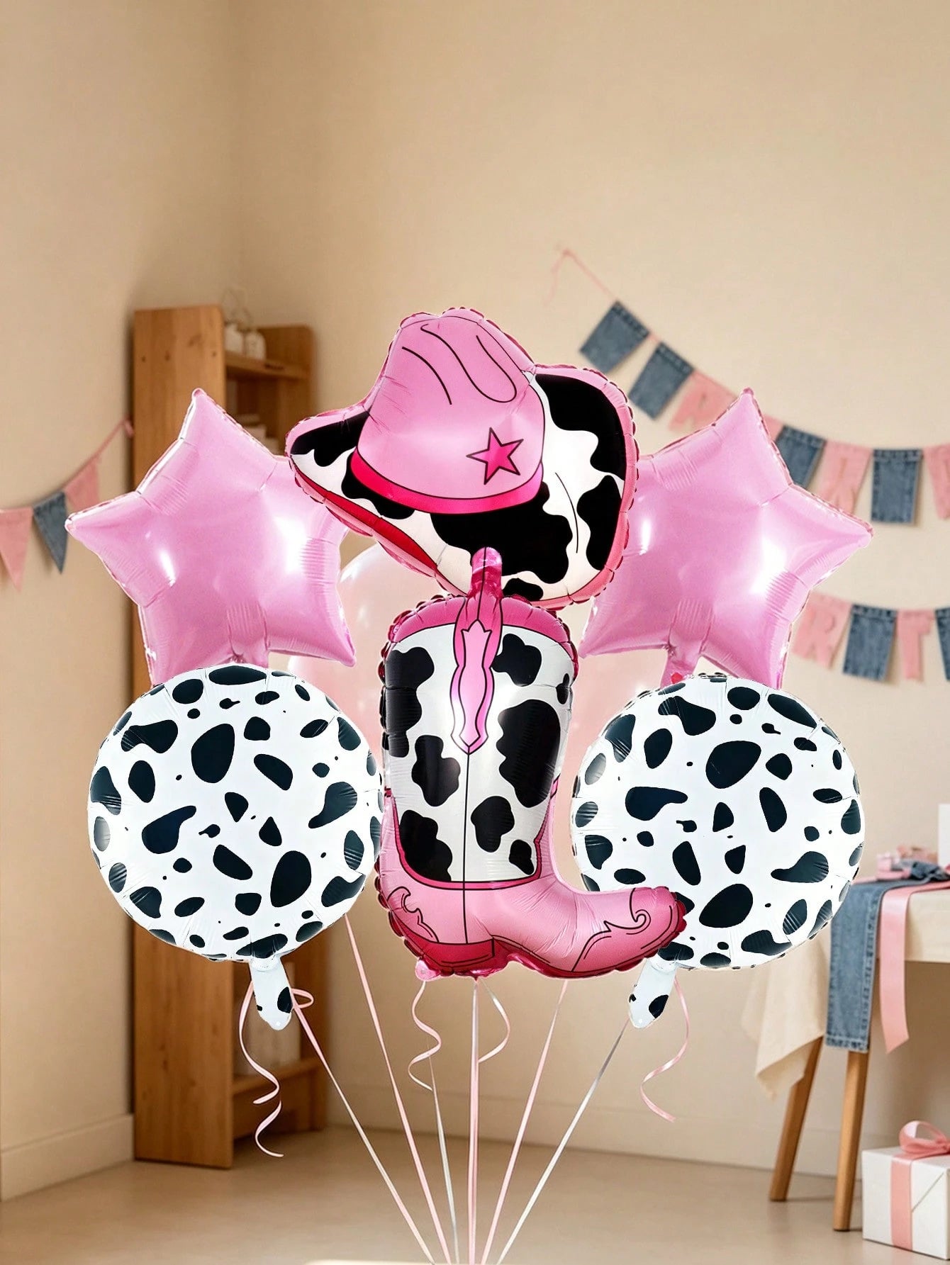 6pcs Cowboy Theme Balloon Set, Pink Brown Coffee Cowboy Boots Hat Foil Balloons, 18 Inch Cow Print Round Balloons, Star Balloons, Suitable For Birthday Party, Western Cowboy Theme, Horse Racing Festiv