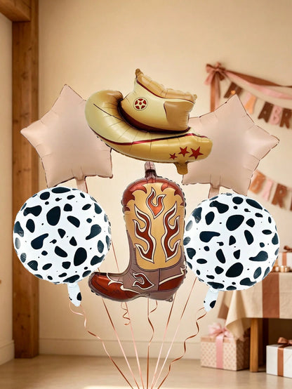 6pcs Cowboy Theme Balloon Set, Pink Brown Coffee Cowboy Boots Hat Foil Balloons, 18 Inch Cow Print Round Balloons, Star Balloons, Suitable For Birthday Party, Western Cowboy Theme, Horse Racing Festiv