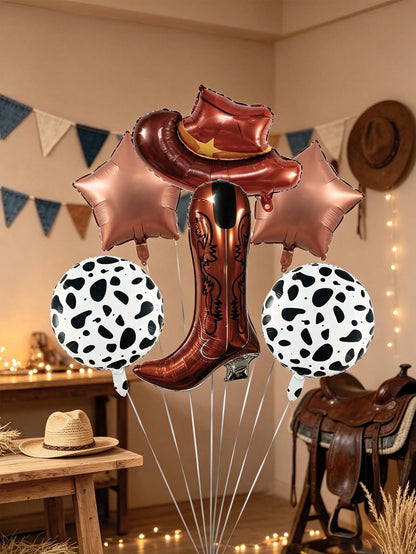 6pcs Cowboy Theme Balloon Set, Pink Brown Coffee Cowboy Boots Hat Foil Balloons, 18 Inch Cow Print Round Balloons, Star Balloons, Suitable For Birthday Party, Western Cowboy Theme, Horse Racing Festiv