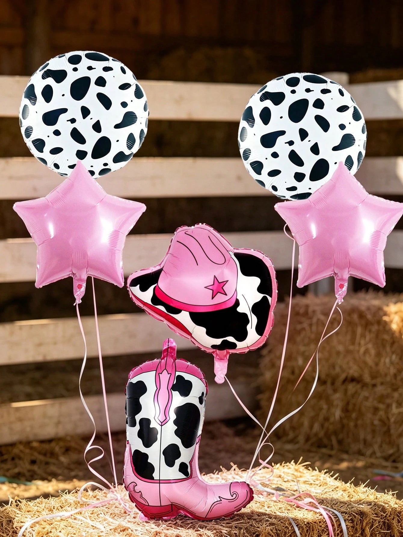 6pcs Cowboy Theme Balloon Set, Pink Brown Coffee Cowboy Boots Hat Foil Balloons, 18 Inch Cow Print Round Balloons, Star Balloons, Suitable For Birthday Party, Western Cowboy Theme, Horse Racing Festiv