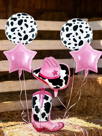 6pcs Cowboy Theme Balloon Set, Pink Brown Coffee Cowboy Boots Hat Foil Balloons, 18 Inch Cow Print Round Balloons, Star Balloons, Suitable For Birthday Party, Western Cowboy Theme, Horse Racing Festiv