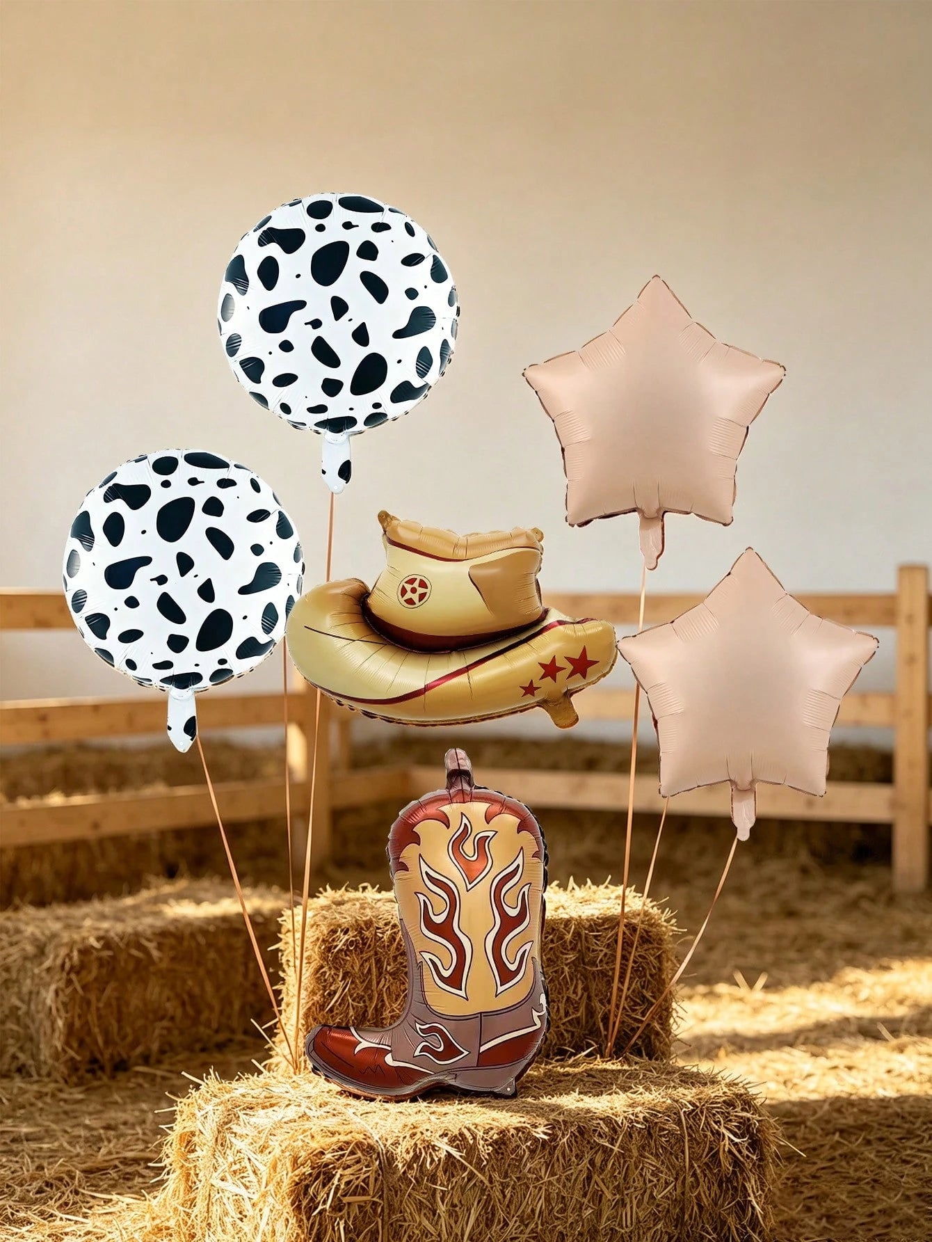 6pcs Cowboy Theme Balloon Set, Pink Brown Coffee Cowboy Boots Hat Foil Balloons, 18 Inch Cow Print Round Balloons, Star Balloons, Suitable For Birthday Party, Western Cowboy Theme, Horse Racing Festiv