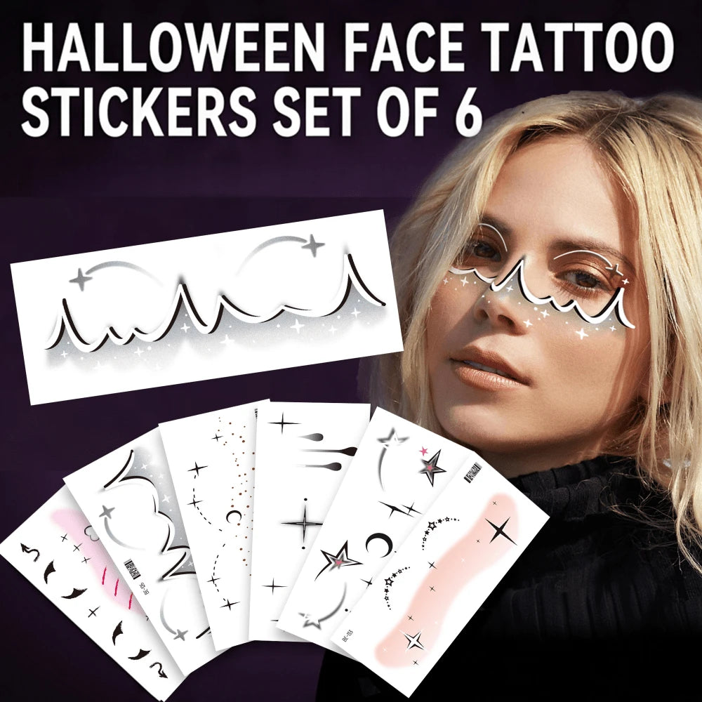 6pcs Halloween Face Decoration Stickers, Halloween Party Makeup Stickers, Temporary Tattoo Stickers, Cool Blush Eyeshadow Makeup Patterns, Women Men Accessories, Cosplay Party Makeup Ball Props, Water