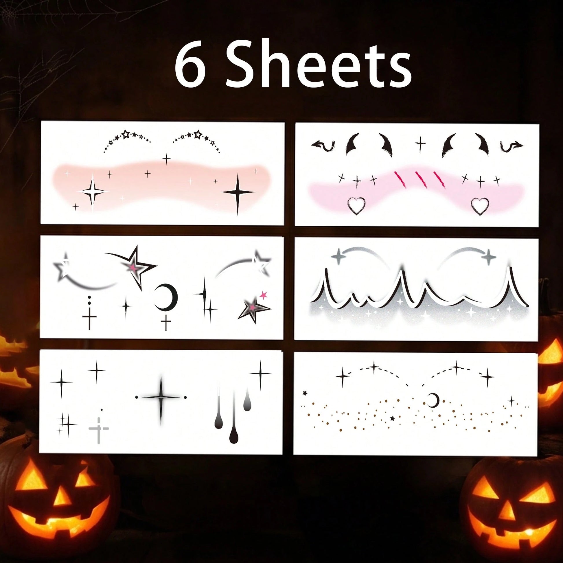 6pcs Halloween Face Decoration Stickers, Halloween Party Makeup Stickers, Temporary Tattoo Stickers, Cool Blush Eyeshadow Makeup Patterns, Women Men Accessories, Cosplay Party Makeup Ball Props, Water
