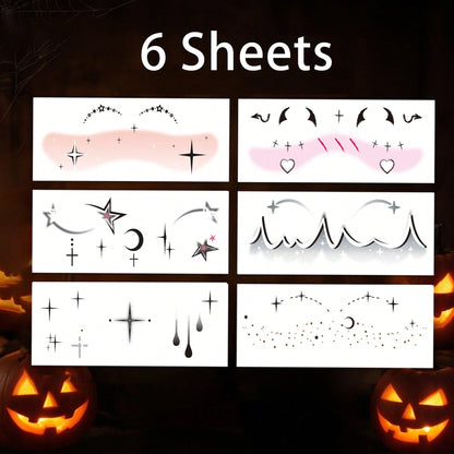 6pcs Halloween Face Decoration Stickers, Halloween Party Makeup Stickers, Temporary Tattoo Stickers, Cool Blush Eyeshadow Makeup Patterns, Women Men Accessories, Cosplay Party Makeup Ball Props, Water