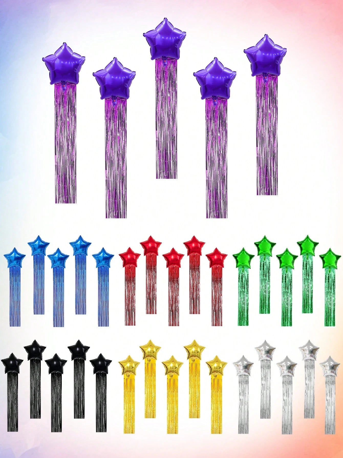6pcs Party Backdrop Decoration Set, Includes 18-Inch Black, Red, Gold, Blue, Green, Silver, Purple Star-Shaped Foil Balloons, 2m*1m Tinsel Curtain Backdrop, Suitable For Wedding, Birthday Party, Brida