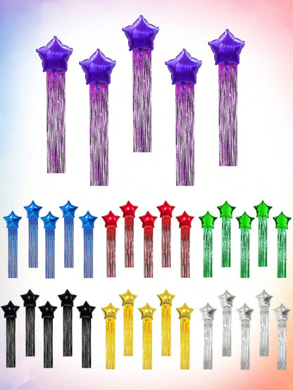 6pcs Party Backdrop Decoration Set, Includes 18-Inch Black, Red, Gold, Blue, Green, Silver, Purple Star-Shaped Foil Balloons, 2m*1m Tinsel Curtain Backdrop, Suitable For Wedding, Birthday Party, Brida