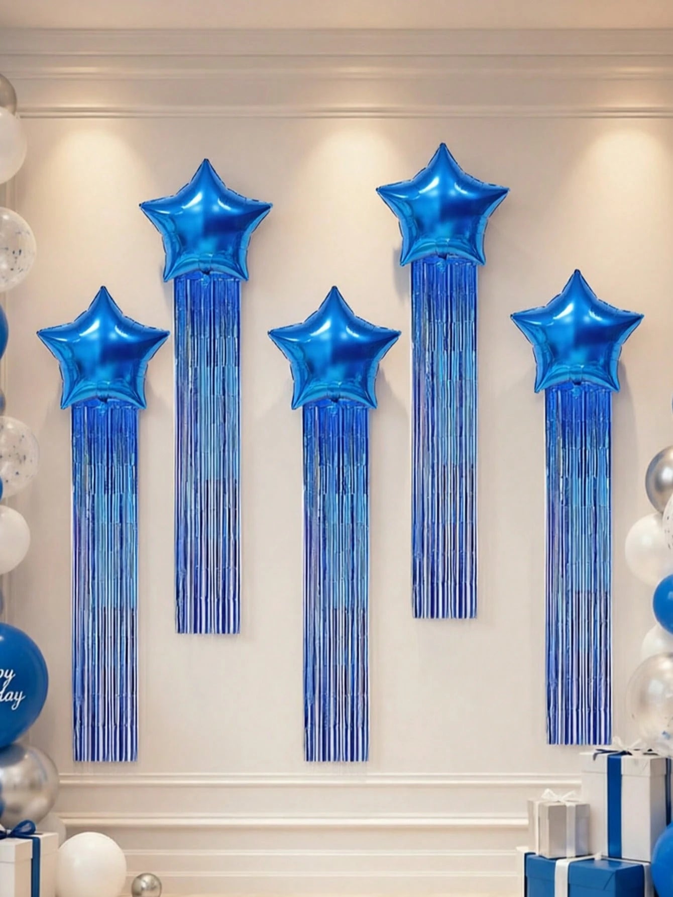 6pcs Party Backdrop Decoration Set, Includes 18-Inch Black, Red, Gold, Blue, Green, Silver, Purple Star-Shaped Foil Balloons, 2m*1m Tinsel Curtain Backdrop, Suitable For Wedding, Birthday Party, Brida