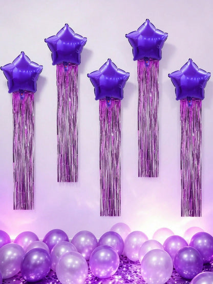 6pcs Party Backdrop Decoration Set, Includes 18-Inch Black, Red, Gold, Blue, Green, Silver, Purple Star-Shaped Foil Balloons, 2m*1m Tinsel Curtain Backdrop, Suitable For Wedding, Birthday Party, Brida