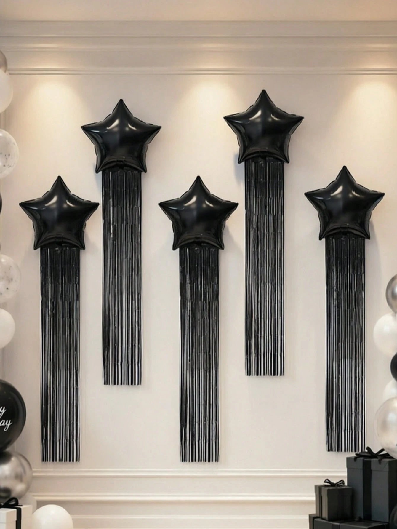 6pcs Party Backdrop Decoration Set, Includes 18-Inch Black, Red, Gold, Blue, Green, Silver, Purple Star-Shaped Foil Balloons, 2m*1m Tinsel Curtain Backdrop, Suitable For Wedding, Birthday Party, Brida