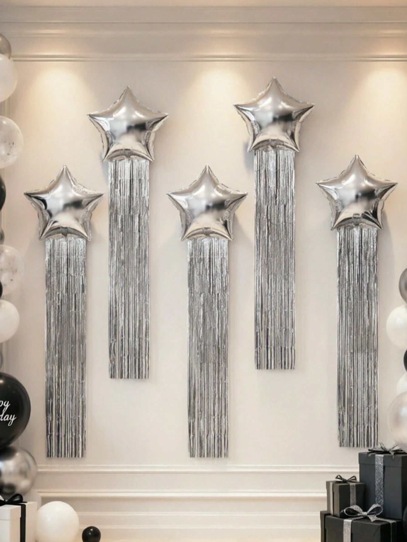 6pcs Party Backdrop Decoration Set, Includes 18-Inch Black, Red, Gold, Blue, Green, Silver, Purple Star-Shaped Foil Balloons, 2m*1m Tinsel Curtain Backdrop, Suitable For Wedding, Birthday Party, Brida