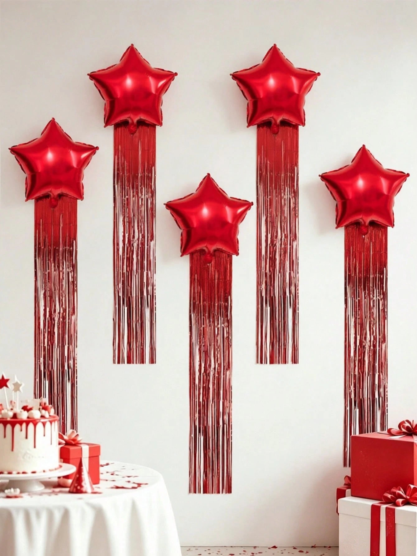 6pcs Party Backdrop Decoration Set, Includes 18-Inch Black, Red, Gold, Blue, Green, Silver, Purple Star-Shaped Foil Balloons, 2m*1m Tinsel Curtain Backdrop, Suitable For Wedding, Birthday Party, Brida