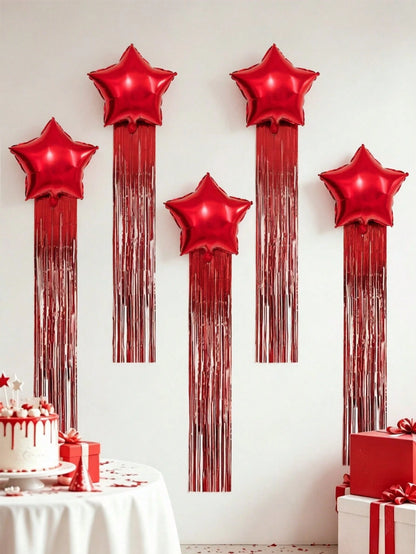 6pcs Party Backdrop Decoration Set, Includes 18-Inch Black, Red, Gold, Blue, Green, Silver, Purple Star-Shaped Foil Balloons, 2m*1m Tinsel Curtain Backdrop, Suitable For Wedding, Birthday Party, Brida
