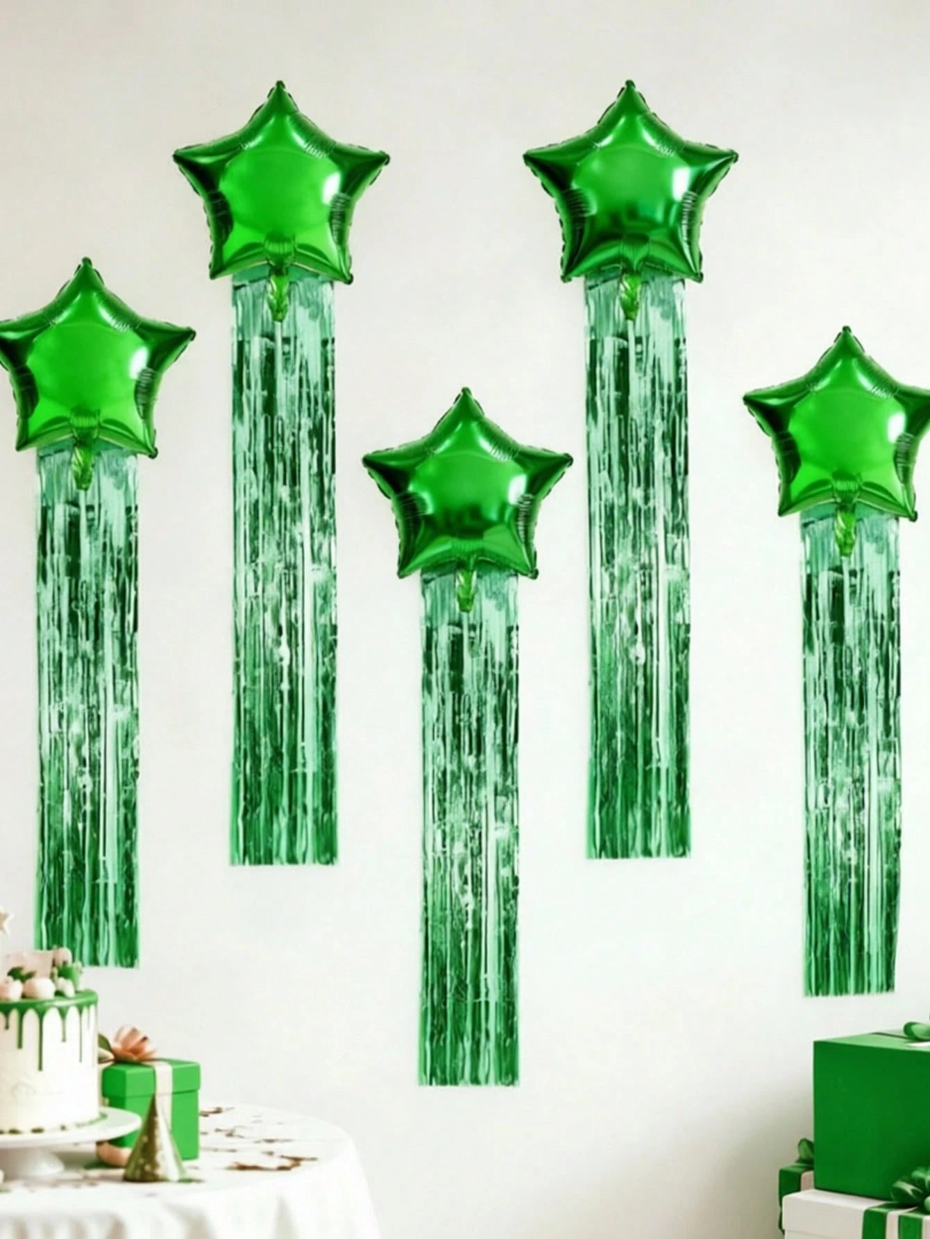 6pcs Party Backdrop Decoration Set, Includes 18-Inch Black, Red, Gold, Blue, Green, Silver, Purple Star-Shaped Foil Balloons, 2m*1m Tinsel Curtain Backdrop, Suitable For Wedding, Birthday Party, Brida