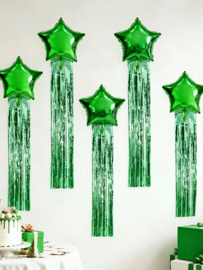 6pcs Party Backdrop Decoration Set, Includes 18-Inch Black, Red, Gold, Blue, Green, Silver, Purple Star-Shaped Foil Balloons, 2m*1m Tinsel Curtain Backdrop, Suitable For Wedding, Birthday Party, Brida