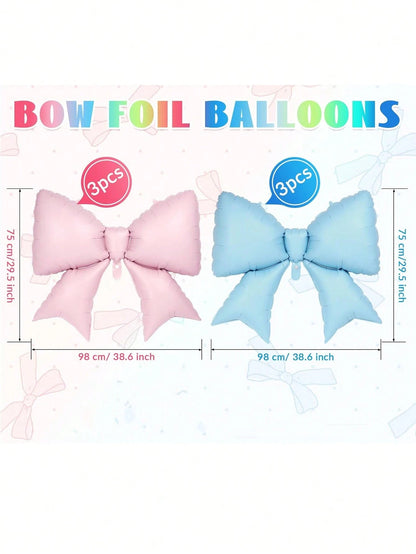 6pcs Pink & Blue Bow Balloons, 38 Inch Bow Foil Balloons, Gender Reveal Decorations, Suitable For Birthday Party, Wedding, Baby Shower, Mouse Party Decor